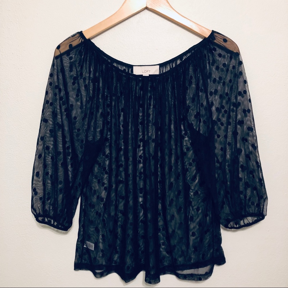 Ann Taylor LOFT Sheer Black on Black Nylon Spandex Polka Dot Top